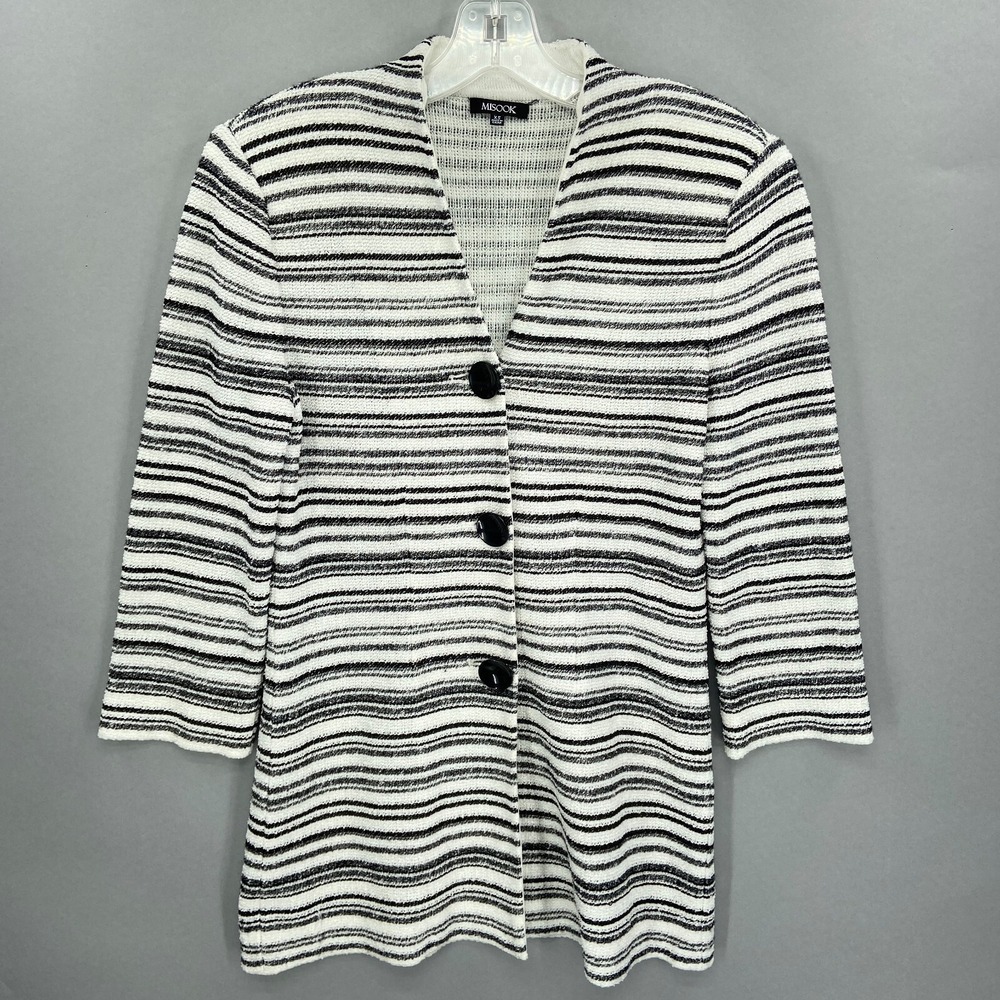 MISOOK Cardigan Sweater Womens XS Long White Black Striped V-Neck Button Knit